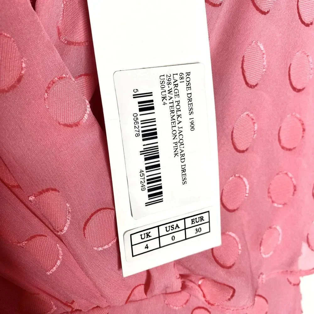 Saloni Jacquard Polka Dot Rose Ruffle Midi Dress Watermelon Pink Size 0 Silk New